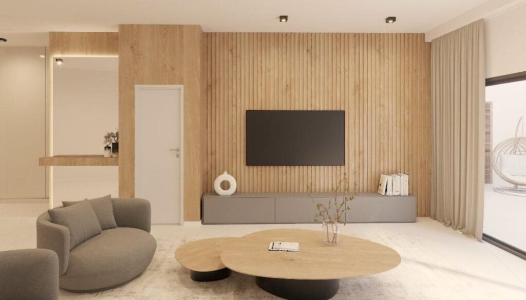 Salón con zona de televisión del proyecto de construcción en Cala Figuera