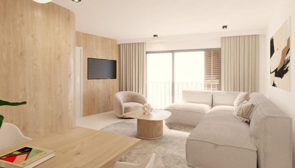 Salón y zona de estar del proyecto de construcción en Cala Figuera