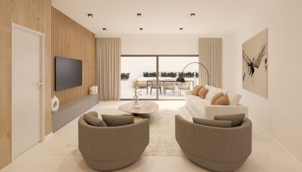Zona de estar del proyecto de construcción en Cala Figuera